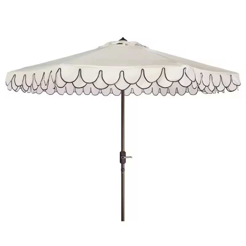 Outdoor Vintage durable garden parasol wood grain aluminum pole crank handle large patio umbrella with ruffled fringe