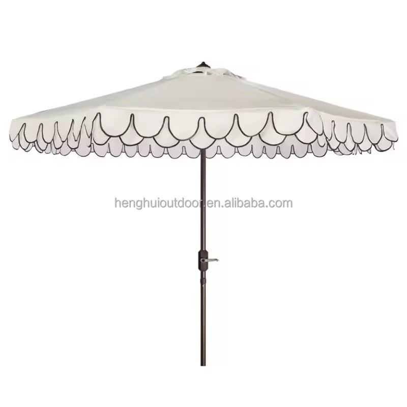 Outdoor Vintage durable garden parasol wood grain aluminum pole crank handle large patio umbrella with ruffled fringe