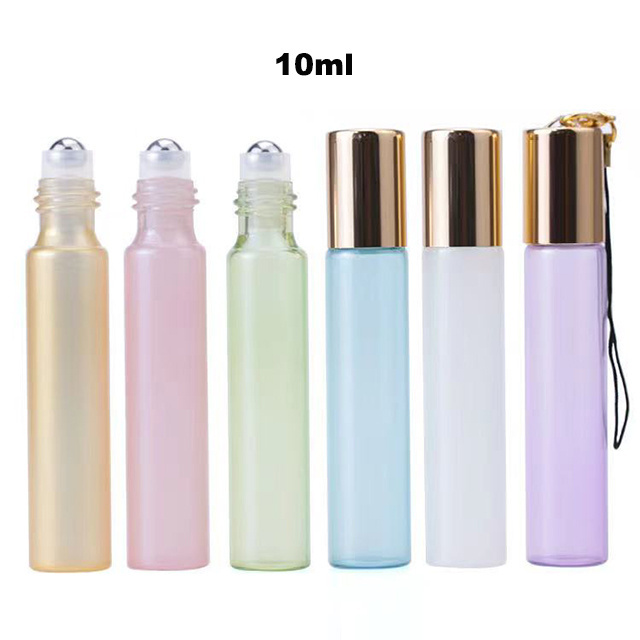 Hengjian luxury 3ml 5ml 10ml purple yellow green white pink blue perfume glass vial roller ball bottles with gold silver cap