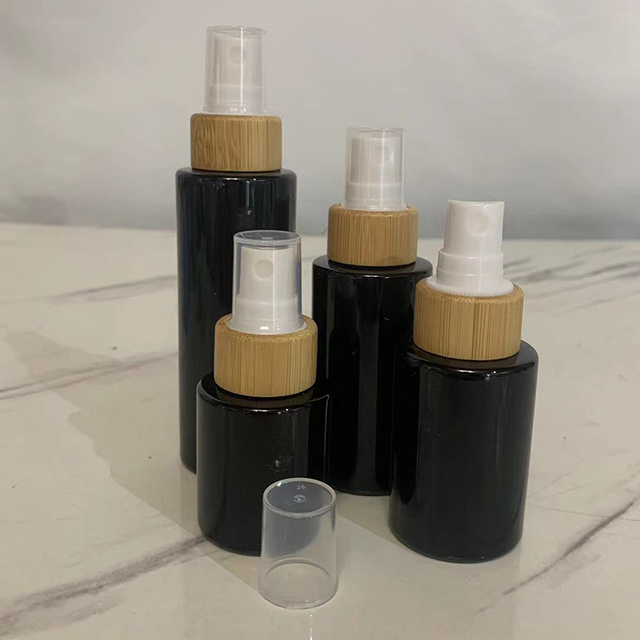 Hengjian Empty bamboo cosmetic packaging 20ml30ml 40ml 60ml black glass spray pump bottle with bamboo sprayer lid