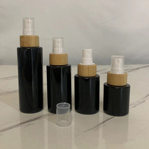 Hengjian Empty bamboo cosmetic packaging 20ml30ml 40ml 60ml black glass spray pump bottle with bamboo sprayer lid