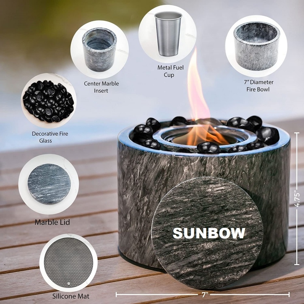 SUNBOW Natural Marble Table Top Fire Pit Bowl Portable Bio Ethanol Fireplace Smokeless Indoor Outdoor Mini Fire Pit Smores Maker