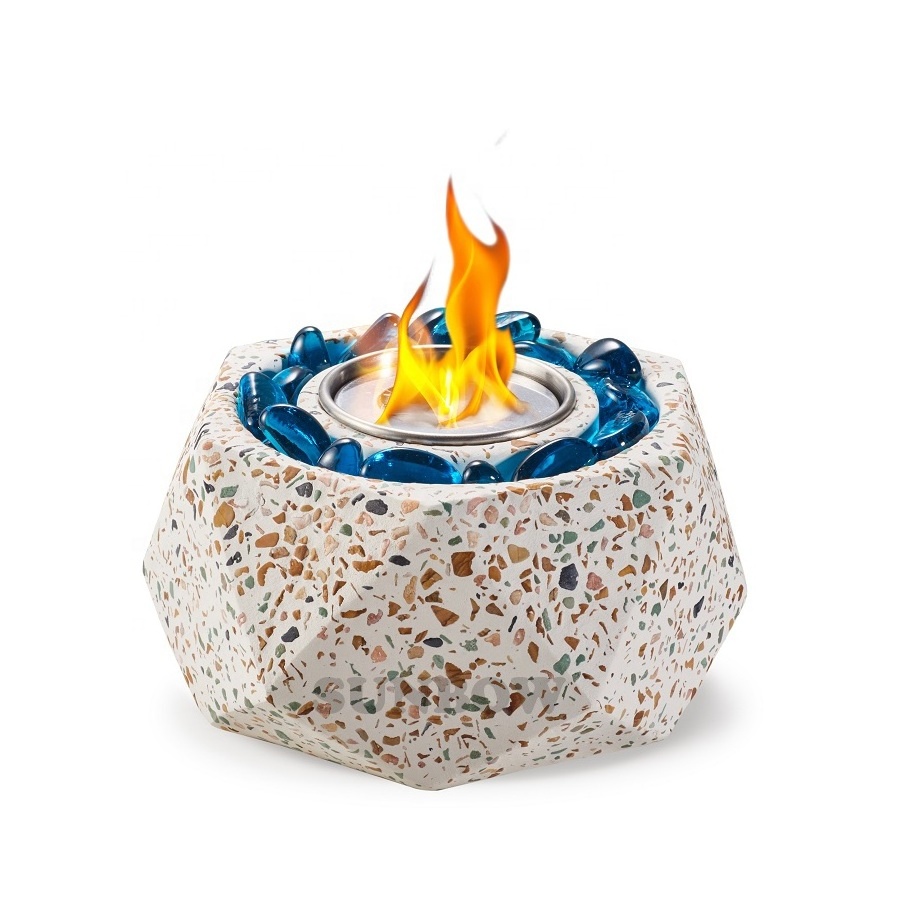 Tabletop Fire Bowls Alcohol Portable Fireplace Clean Burning Terrazzo Effect Concrete Table Top Fire Pit for Patio