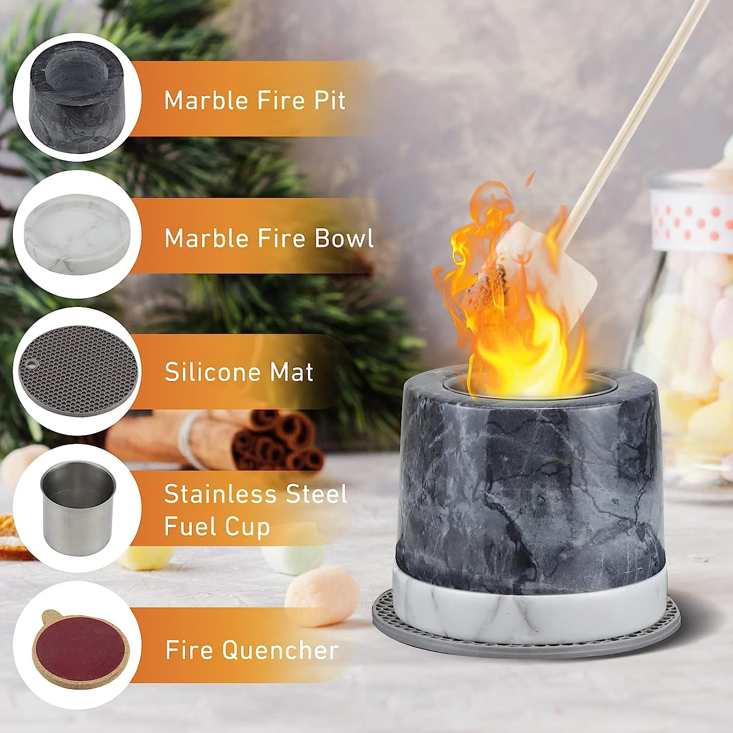 SUNBOW Natural Marble Outdoor Table Steel Fire Pit with Bioethanol Fireplace Lantern for Patio Campfire Indoor Fireplace Table