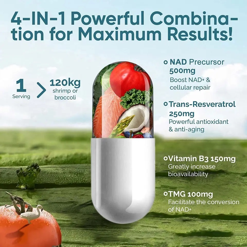 Custom brand pure resveratrol nicotinamid mononucleotide booster dietary supplements nad capsules anti-aging  gmp certified