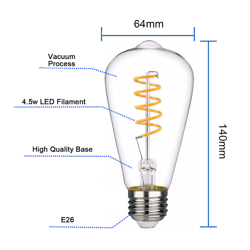 4.5w Vintage LED Edison Bulb Antique Style Flexible Spiral LED Filament Light Bulb ST19(ST64) 450LM E26