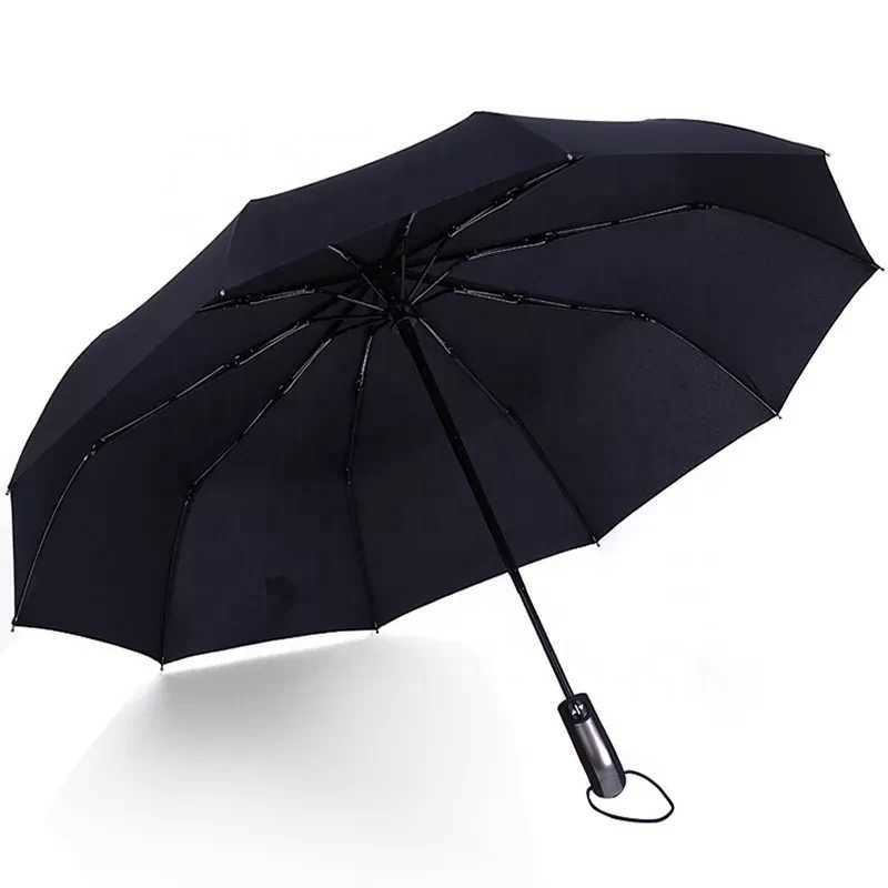 Resistant Fully-Automatic Three Folding Umbrella Ten Bone Auto Large Windproof Business Umbrella Rain Black Coating Parasol