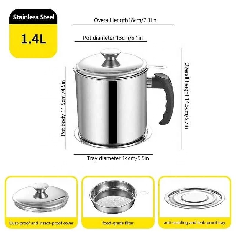 Cooking Oil Container Stainless Steel Oil Filter Pot With Anti-scald Tray 1.4L Oil Container Grease Can Storage Strainer For