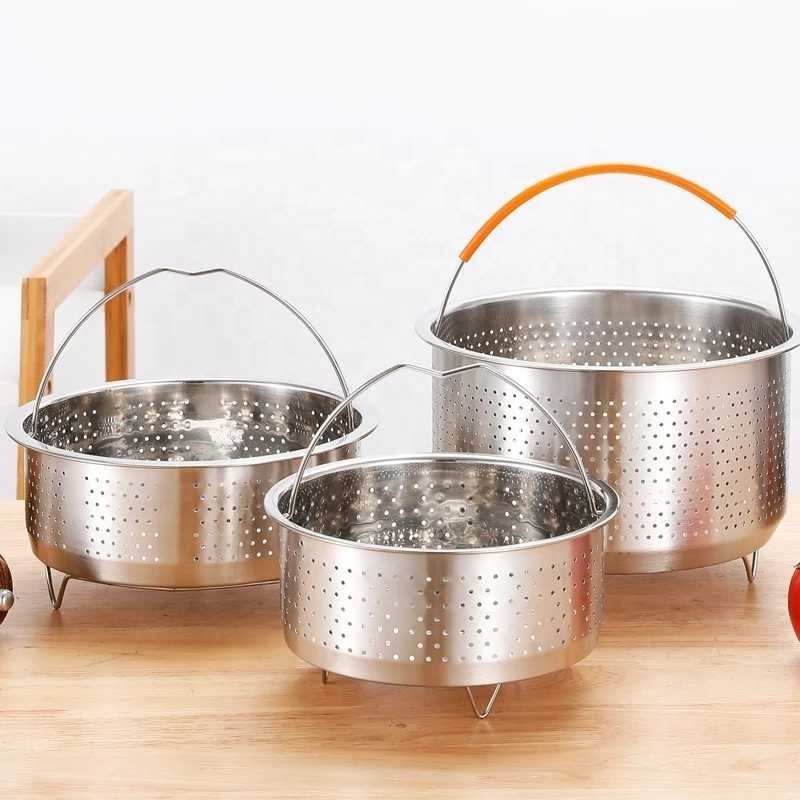 Stainless Steel Food Steamer Kitchen Rice Pressure Cooker Steaming Grid Drain Basket with Silicone Handle Cooking Accessories