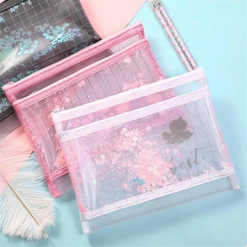 Bag For Diary Planner Home Office Storage Cute Pink Zipper Pencil Case Single And Double Mesh Storage Bag Cute Sequin Storage