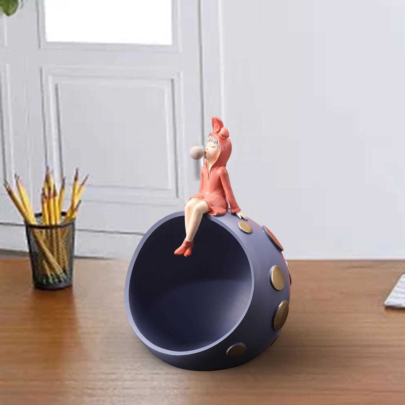 Desktop Resin Bubble Blowing Girl Statue Holder Hallways Entrance Organizer for Bedside Tables Decor Multifunctional Handicraft