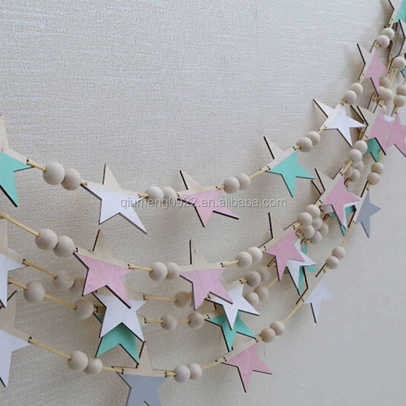 Children's Room Fashion Soft Furnishings Nordic Wooden Beads Stars Hanging Banners Girl Baby Room Wall Hanging Decorations