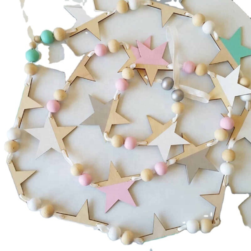 Children's Room Fashion Soft Furnishings Nordic Wooden Beads Stars Hanging Banners Girl Baby Room Wall Hanging Decorations