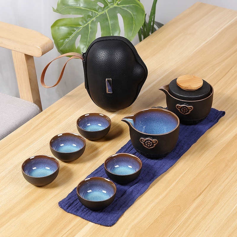 Black One Pot, Two Cups With Can Jun Tea Set Coarse Pottery One Pot Five Tea Pot Quick Guest Cup Travel Ceramic Kung Fu Tea Set