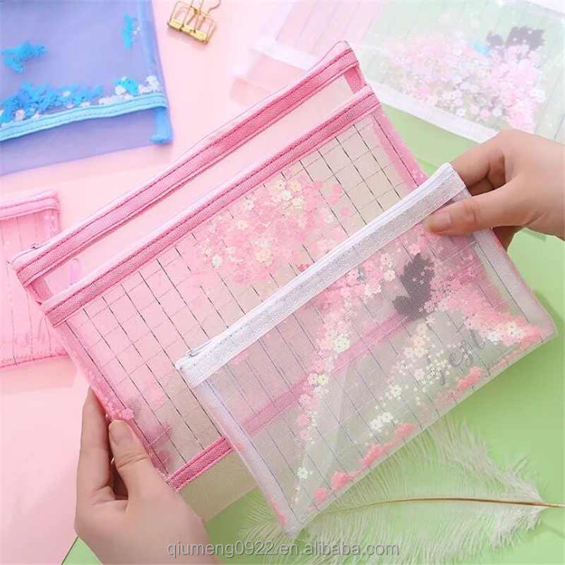 Bag For Diary Planner Home Office Storage Cute Pink Zipper Pencil Case Single And Double Mesh Storage Bag Cute Sequin Storage