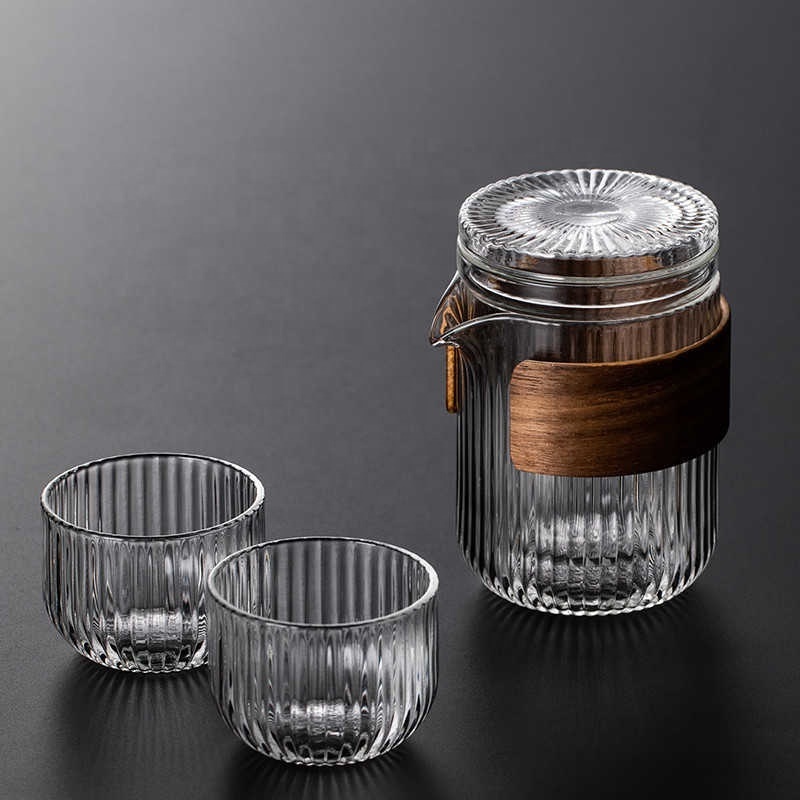 High borosilicate vertical grain glass express one pot two cups separated tea making travel set tea making cup