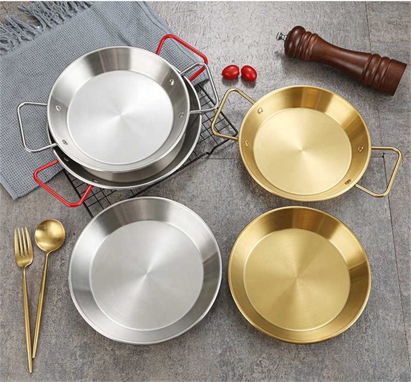 20-34cm Spanish Paella Pan with Handle Stainless Steel Durable Seafood Snack Plate Kitchen Non-Stick Frying Pans Cooking Pots