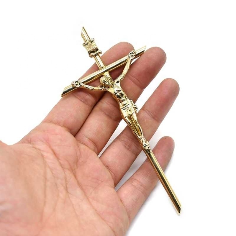 Crucifix Wall Cross Catholic Metal Slender Hanging Gold Crosses for Wall 4.7 Inch Handheld Alloy Cross for Praying