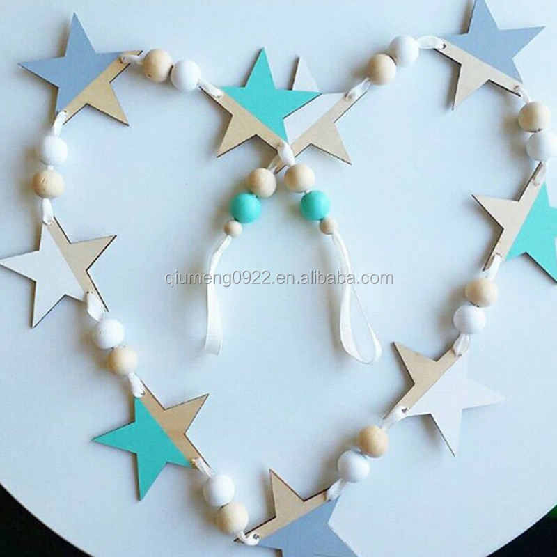 Children's Room Fashion Soft Furnishings Nordic Wooden Beads Stars Hanging Banners Girl Baby Room Wall Hanging Decorations