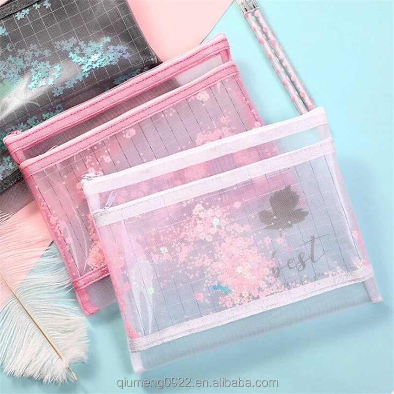 Bag For Diary Planner Home Office Storage Cute Pink Zipper Pencil Case Single And Double Mesh Storage Bag Cute Sequin Storage