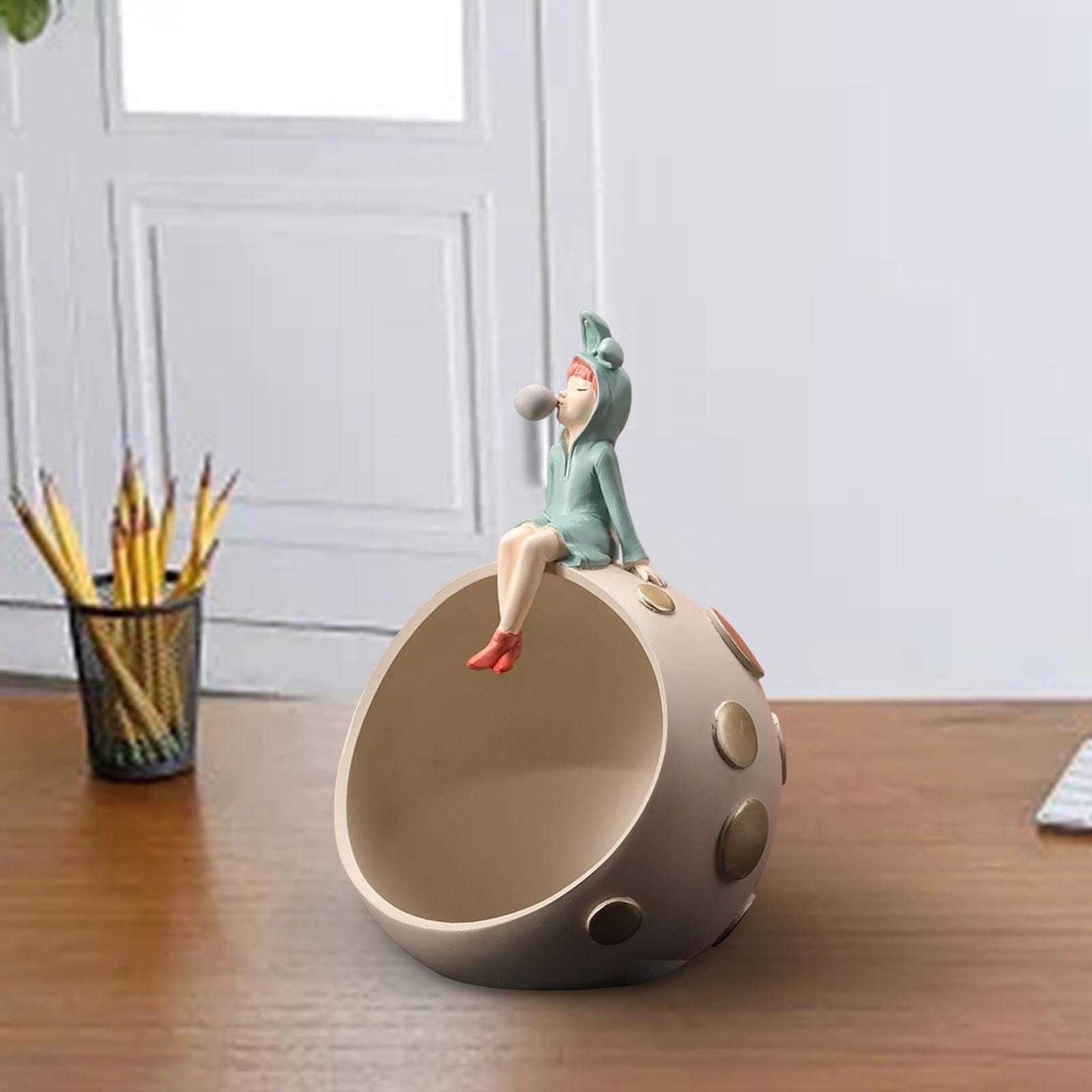 Desktop Resin Bubble Blowing Girl Statue Holder Hallways Entrance Organizer for Bedside Tables Decor Multifunctional Handicraft