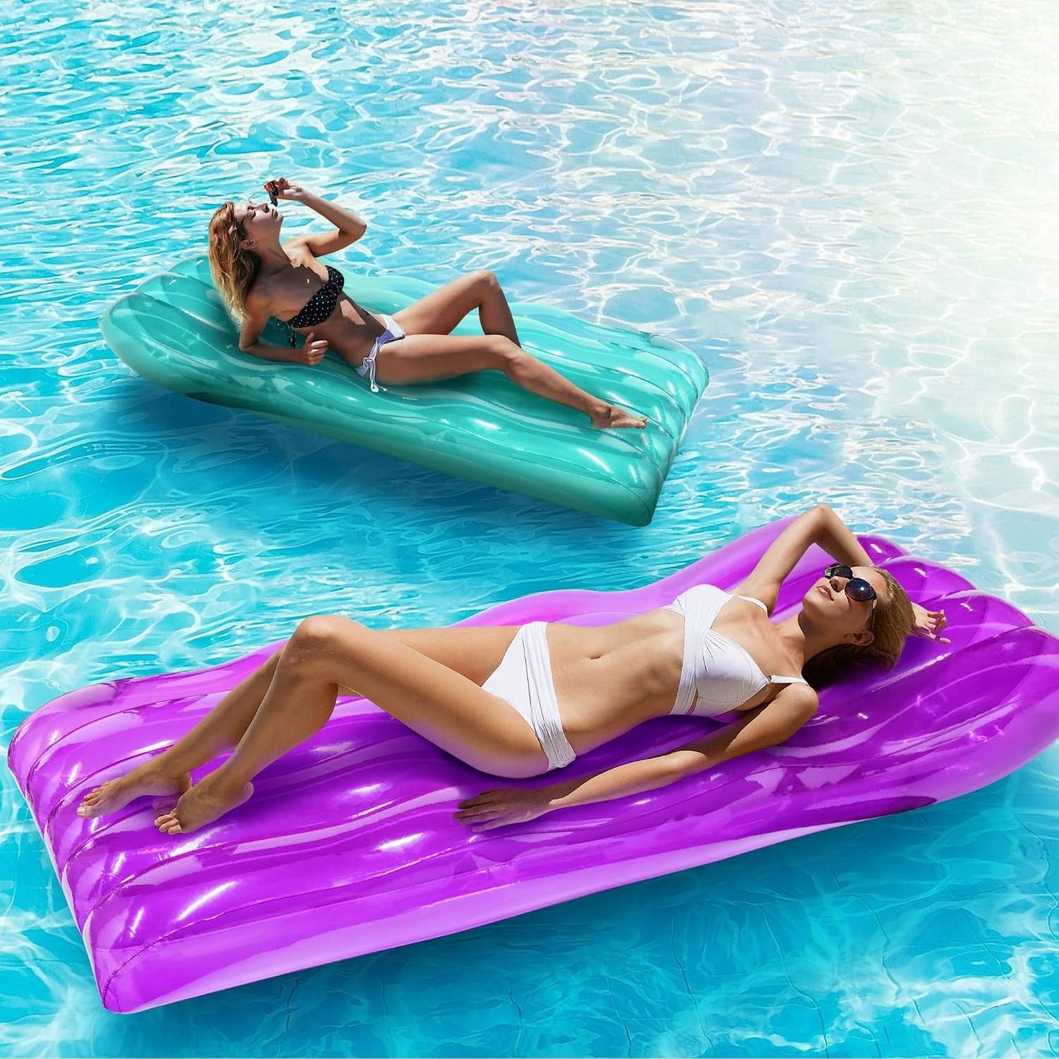 Inflatable Pool Float Set of 2 Waved Pool Float Lounge Raft, Swimming Pool Floating Air Bed Mattress for Summer Parties