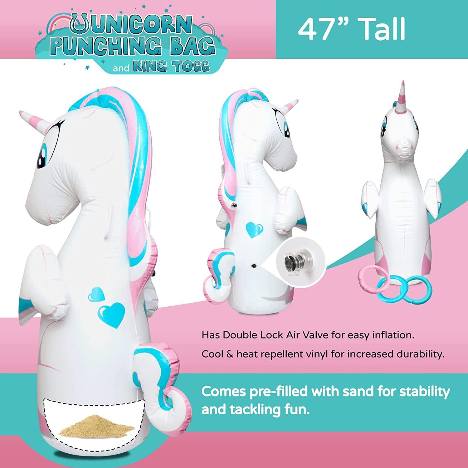 Unicorn Bop Bag Ring Toss with 3 Inflatable Rings Kids Punching Bag  Boxing - Ride-on Toy + Handles