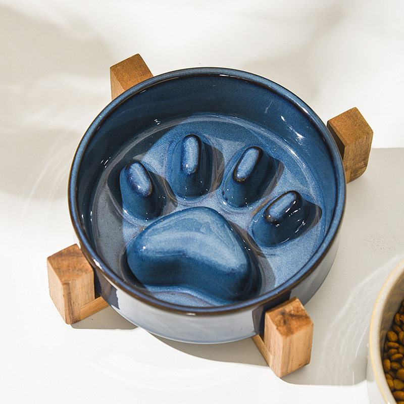 Customizable Logo Colorful Pet Slow Food Feeder Pet Dog Cat Ceramic Bowl With Bamboo Stand