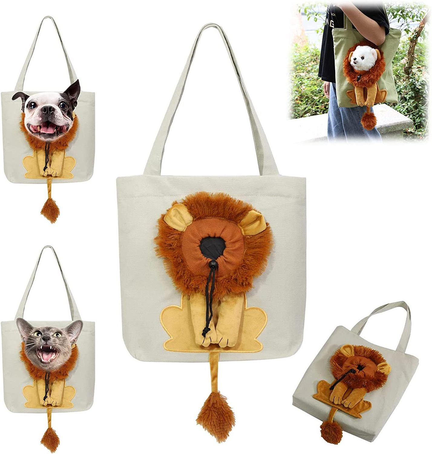 Portable Tote Chest Cute Lion-Shaped Pet Canvas Shoulder Carrying Bag Pet Carrier for Small Dogs and Cats