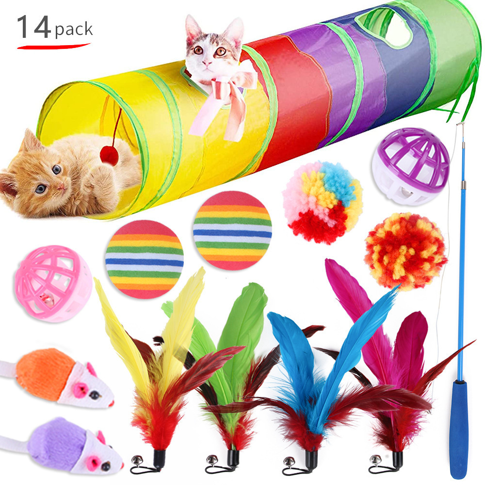 interactive Cat Toy Set Kitten Toys pack Tunnel Cat Feather Teaser Wand Toy Fluffy Mouse Crinkle Balls