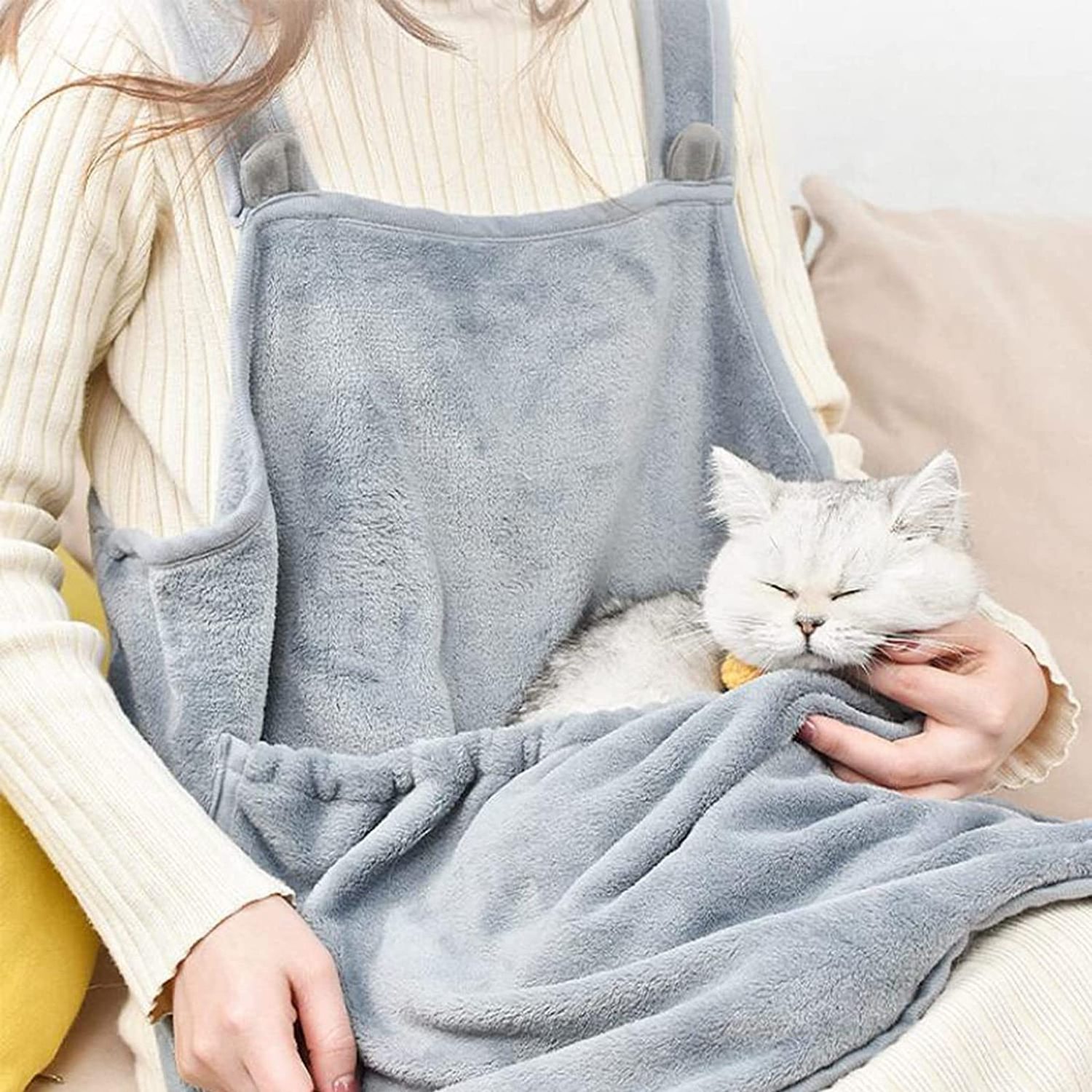 Accompany Grey Fleece Flannel Sleeping Cat Apron Carrier Bag with Pocket