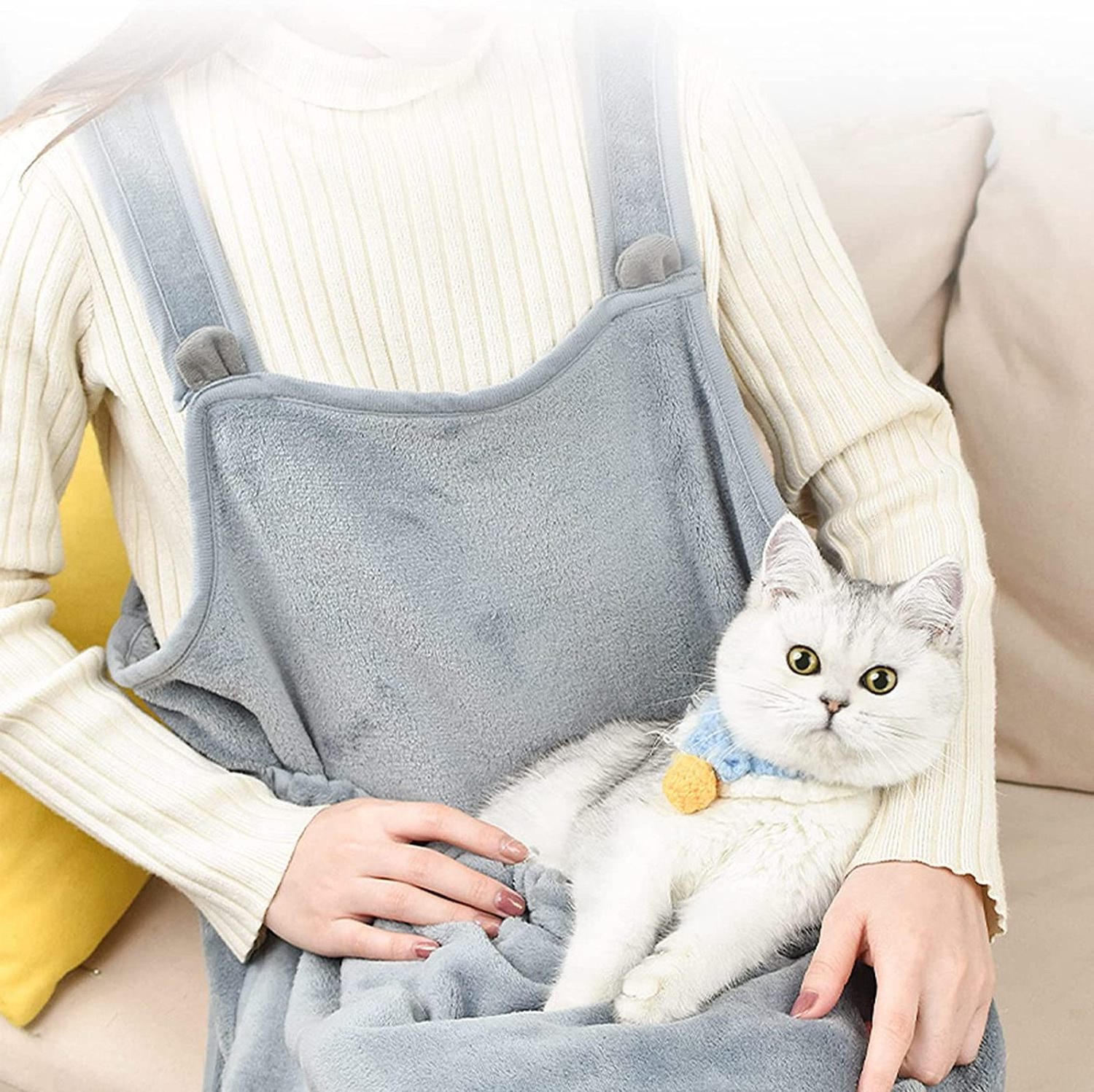 Accompany Grey Fleece Flannel Sleeping Cat Apron Carrier Bag with Pocket