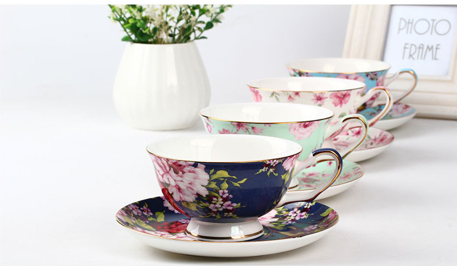 Bone China Tea Cup and Saucer Set with Gift Box Floral Tea Cups, 8 Oz. 1set=1cup+1dish