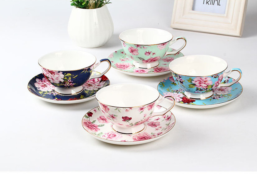 Bone China Tea Cup and Saucer Set with Gift Box Floral Tea Cups, 8 Oz. 1set=1cup+1dish