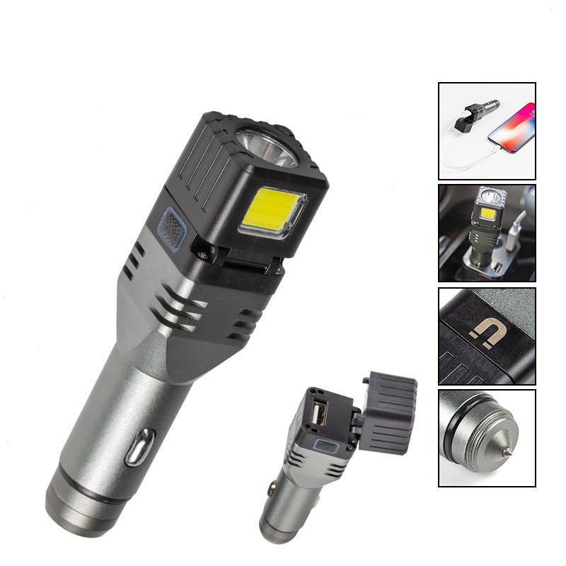 Mini Foldable XPE Cob Strong Flashlight Built-in Battery Safety Hammer Car Cigarette Lighter Flashlight With Magnet