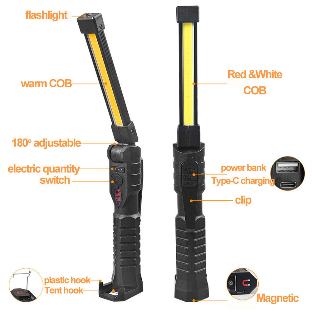 Multifunction COB 3 Lights Led Flashlight USB Rechargeable Work Light Magnetic Lanterna Hanging Lamp with Built-in Battery