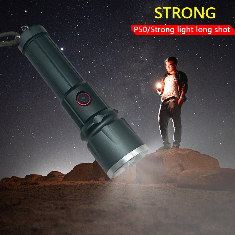 High lumen P50 LED Flashlight  LED Lamp Beads Waterproof Torch Zoomable 5 Lighting Modes 26650 Battery TYPE-C Charging