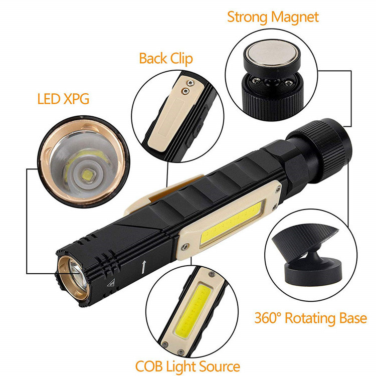 Portable COB Work Lamp Rotatable Mini Pocket Flashlight with Swivel Magnetic Base & Clip & 5 Modes