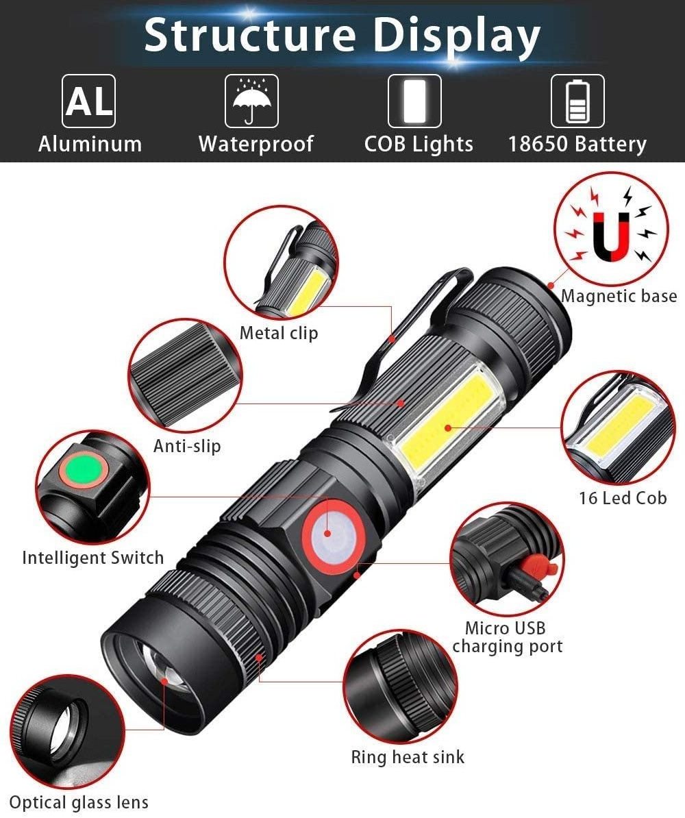 Hot Sale outdoor Brightest 4 Models side light XML T6 Dimmable zoom High Power USB Rechargeable Flashlight with magnet base