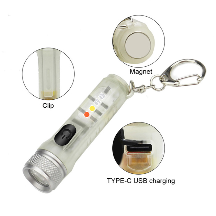 Mini key chain with USB Rechargeable LED flashlight  waterproof flashlight with clasp  outdoor emergency lighting tool