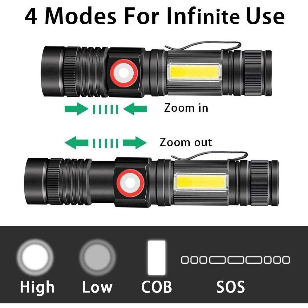 Hot Sale outdoor Brightest 4 Models side light XML T6 Dimmable zoom High Power USB Rechargeable Flashlight with magnet base