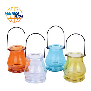 Direct Factory  Price Colored  Glass Lantern Vase with Metal Handle for Home Decoration/Glass Lantern Candle Holder