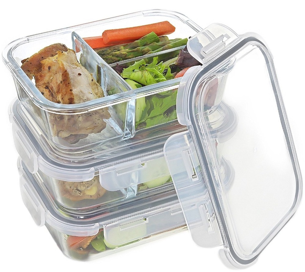 Rectangular food storage glass prep meal container Dividers and Locking Lid ziplock reusable storage food lunch box 1 ounce