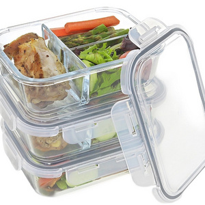 Rectangular food storage glass prep meal container Dividers and Locking Lid ziplock reusable storage food lunch box 1 ounce