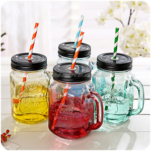 16.5oz Glass Drinking Jelly Jar With Metal Straw spice storage jar INS hot colorful mason cup