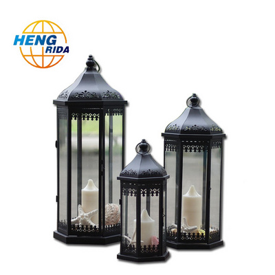 Black Color Wedding Decoration Use Hanging Candle Lantern Metal and Glass Lantern For Wedding Lighting black glass light pendant