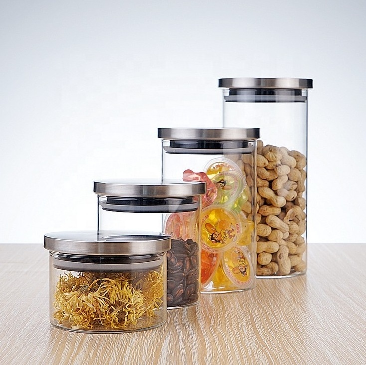 High borosilicate  Food Storage Glass Canister with Stainless Steel Lid glass food container jar