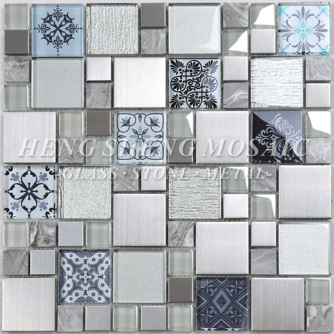 New Square 3D Printing Tile Glass Mix Metal Marble Mosaic Tiles for Kitchen Backsplash