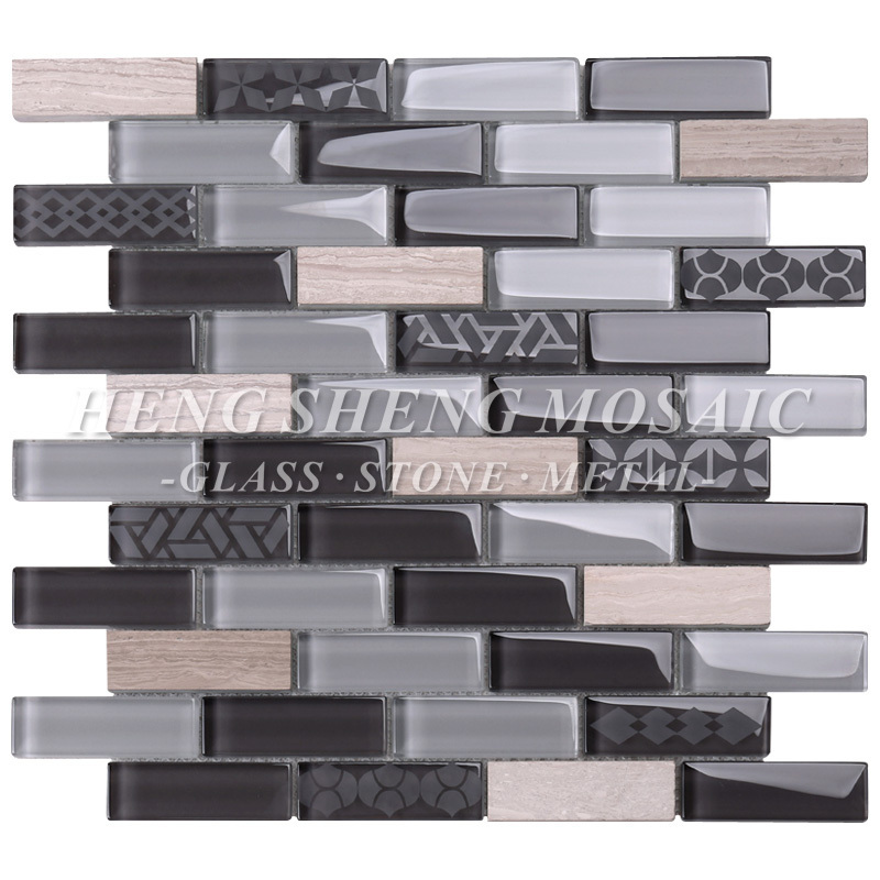 Kitchen Back Splash Black Matt Glass Mixed Ceramic Brick Mosaic Tile