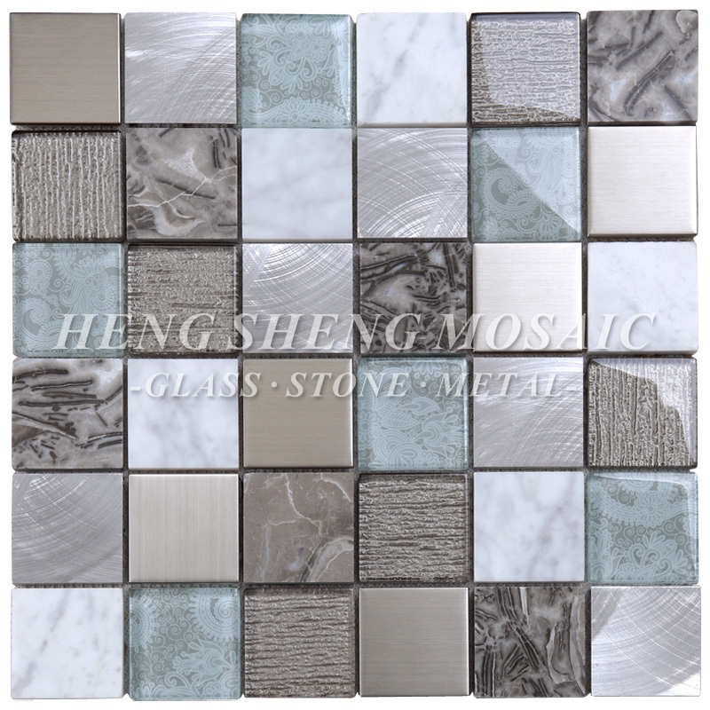 Latest Design Aluminum Metal Mixed Marble Glass Mosaic Tile For Kitchen Backsplash Walls